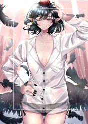 Rule 34 | 1girl, ;|, bird wings, black eyes, black hair, black panties, black wings, breasts, breasts apart, buttons, collarbone, commentary request, dress shirt, ear piercing, eyelashes, falling feathers, feathered wings, feathers, fingernails, hair in own mouth, hand on own hip, hand up, hat, highres, light blush, long fingernails, long sleeves, looking at viewer, medium breasts, one eye closed, panties, piercing, pointy ears, shameimaru aya, shirt, short hair, skirt, unworn skirt, solo, souken bicha, standing, thighs, tokin hat, touhou, underwear, upper body, waking up, white shirt, wings