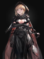 Rule 34 | 1girl, bad id, bad pixiv id, black background, black cape, black gloves, black panties, black pants, blood, blood on face, blush, breasts, brown eyes, brown hair, cape, cleavage, cleavage cutout, clothing cutout, commentary request, djeeta (granblue fantasy), elbow gloves, gloves, granblue fantasy, highres, holding, holding mask, hood, hood up, looking at viewer, mask, unworn mask, medium breasts, milli little, multicolored cape, multicolored clothes, open mouth, panties, pants, puffy short sleeves, puffy sleeves, red cape, see-through, short sleeves, solo, sweat, twitter username, underwear