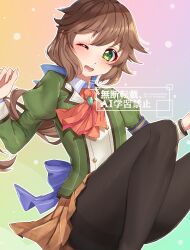 1girl ascot brown_hair brown_skirt eiyuu_densetsu green_eyes green_pupils highres long_hair nu_bo_bo_o one_eye_closed open_mouth outline pantyhose raised_eyebrow red_ascot school_uniform sen_no_kiseki_(series) sen_no_kiseki_i skirt solo towa_herschel watermark white_outline