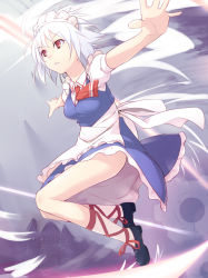 Rule 34 | 1girl, ankle lace-up, ascot, bare legs, cross-laced footwear, female focus, izayoi sakuya, level.21, maid, maid headdress, no socks, outstretched arms, red eyes, short hair, solo, spread arms, touhou, white hair
