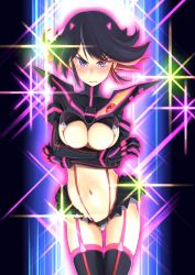 Rule 34 | 10s, 1girl, black hair, blue eyes, blush, breasts, cameltoe, cleavage, embarrassed, gloves, highres, kill la kill, large breasts, living clothes, matoi ryuuko, multicolored hair, navel, revealing clothes, school uniform, senketsu, short hair, skirt, solo, suspenders, thighhighs, two-tone hair, wa (genryusui), weapon
