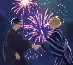 Rule 34 | 2boys, black hair, black kimono, blonde hair, blue eyes, blue kimono, commentary request, eugeo, eye contact, fireworks, from side, highres, holding hands, japanese clothes, kimono, kirito, long sleeves, looking at another, male focus, multicolored clothes, multicolored kimono, multiple boys, night, night sky, noro (ro no), open mouth, sky, smile, standing, star (sky), starry sky, striped clothes, striped kimono, sword art online, sword art online: alicization, white kimono, wide sleeves, yaoi