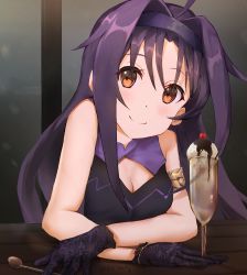 Rule 34 | 1girl, absurdres, ahoge, armlet, bare shoulders, breasts, cleavage, commentary, dress, english commentary, food, gloves, hairband, highres, ice cream, ice cream float, long hair, looking at viewer, purple hair, red eyes, sleeveless, sleeveless dress, smile, solo, spoon, stegart, sword art online, twitter username, upper body, yuuki (sao)