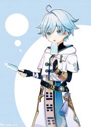 Rule 34 | 1boy, black gloves, blue eyes, blue hair, chinese clothes, chongyun (genshin impact), elbow gloves, fingerless gloves, fingernails, food, genshin impact, gloves, hair between eyes, highres, holding, holding food, ileyday, looking at viewer, popsicle, short hair, short sleeves, solo, tongue, tongue out