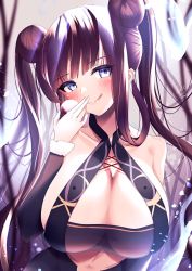 Rule 34 | 1girl, bare shoulders, black dress, blue eyes, blush, breasts, cleavage, detached sleeves, double bun, dress, fate/grand order, fate (series), hair bun, large breasts, lee-taro, licking lips, long hair, looking at viewer, purple hair, sidelocks, smile, solo, tongue, tongue out, twintails, very long hair, yang guifei (fate)
