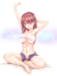 Rule 34 | 1girl, ;d, arino hiroshi, arm behind head, arm up, armpits, barefoot, bikini, blue eyes, blush, breasts, brown hair, commentary request, covered erect nipples, denim, denim shorts, earrings, eyepatch bikini, jewelry, medium breasts, medium hair, navel, nipple slip, nipples, no panties, one eye closed, open fly, open mouth, original, red hair, shorts, sitting, skindentation, smile, solo, stomach, stretching, stud earrings, swimsuit, thighs, toned, wardrobe malfunction