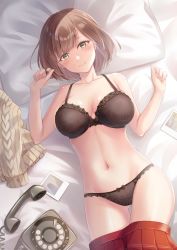 Rule 34 | 1girl, antique phone, bare shoulders, bed sheet, black bra, black panties, blush, bow, bow bra, bow panties, bra, breasts, brown hair, clothes pull, collarbone, commission, floral print, gluteal fold, harasaki nozomi, lace trim, large breasts, lingerie, looking at viewer, lying, medium hair, midriff, navel, on back, on bed, panties, parted bangs, phone, photo (object), pillow, pleated skirt, polaroid, red skirt, rotary phone, sebu illust, second-party source, sega, shenmue, shenmue the animation, shiny skin, skirt, skirt pull, smile, solo, sweater, unworn sweater, thighs, turtleneck, turtleneck sweater, underwear, yellow eyes