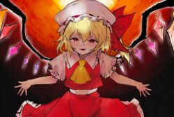 Rule 34 | 1girl, ascot, blonde hair, collared shirt, commentary, cowboy shot, dark background, fangs, flandre scarlet, frilled shirt collar, frilled skirt, frilled sleeves, frills, glowing, glowing wings, gradient background, hair between eyes, hat, hat ribbon, head tilt, highres, looking at viewer, medium hair, mob cap, moku (muooku), multicolored wings, one side up, open mouth, orange background, puffy short sleeves, puffy sleeves, red background, red eyes, red ribbon, red skirt, red vest, ribbon, ribbon-trimmed headwear, ribbon trim, shirt, short sleeves, simple background, skirt, skirt set, solo, symbol-only commentary, touhou, vest, white hat, white shirt, wings, yellow ascot