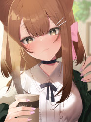 Rule 34 | 1girl, absurdres, animal ears, bad id, bad pixiv id, black choker, black ribbon, blush, bow, brown hair, cat ears, center frills, choker, closed mouth, collared shirt, commentary request, cup, disposable cup, fang, fang out, frilled shirt, frilled shirt collar, frills, green jacket, haiba 09, hair between eyes, hair bow, hair ornament, hairclip, hands up, highres, holding, holding cup, jacket, long hair, looking at viewer, nail polish, neck ribbon, nekoseki rion (haiba 09), off shoulder, open clothes, open jacket, original, paid reward available, pink bow, pink nails, ribbon, shirt, skin fang, solo, upper body, white shirt, yellow eyes
