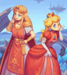Rule 34 | 2girls, advanced-random, alternate costume, blonde hair, blue eyes, bracer, crown, dress, earrings, elbow gloves, gloves, jewelry, long hair, looking at viewer, mario (series), mini crown, multiple girls, nintendo, one eye closed, open mouth, pointy ears, princess peach, princess zelda, puffy sleeves, red dress, super smash bros., the legend of zelda, the legend of zelda: a link to the past, tiara, white gloves