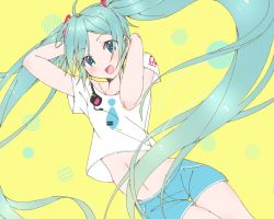 Rule 34 | 1girl, :d, aqua shorts, arms up, bare arms, blue eyes, blue hair, blush, commentary request, cowboy shot, dutch angle, happy, hatsune miku, long hair, looking at viewer, midriff, open mouth, polka dot, polka dot background, shirt, short sleeves, shorts, simple background, smile, striped, striped background, supo01, tank top, thighs, twintails, very long hair, vocaloid, white shirt, yellow background