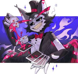 Rule 34 | 1boy, ace (playing card), ace of hearts, amykem, animal ears, animal nose, black fur, black hat, black sclera, black wings, blue background, blush, body fur, border, bow, bowtie, card, cat boy, cat ears, chinese commentary, claws, colored sclera, commentary request, drooling, four of hearts, furry, furry male, grin, half-closed eyes, hat, hazbin hotel, heart, highres, holding, holding card, husk (hazbin hotel), looking at viewer, male focus, mouth drool, multicolored wings, outside border, playing card, red bow, red bowtie, red wings, sharp teeth, shuffling cards, simple background, smile, solo, sparkle, squeans, suspenders, teeth, top hat, traditional bowtie, two-tone fur, two of diamonds, white border, white fur, wings, yellow eyes