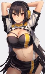 Rule 34 | 1girl, alternate costume, arms behind head, bandeau, black bandeau, black hair, blush, breasts, brown eyes, cleavage, closed mouth, cowboy shot, grey background, hair between eyes, headphones, highres, kantai collection, kasumi (skchkko), large breasts, long hair, nagato (kancolle), navel, race queen, simple background, smile, solo