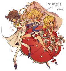 Rule 34 | 1boy, 2girls, aiguillette, andre grandier, arm up, blonde hair, blue eyes, blue jacket, brown hair, cape, cape hold, closed mouth, commentary, cosplay, crown, dress, english commentary, epaulettes, floating hair, flower, full body, himemiya anthy, himemiya anthy (cosplay), holding, holding sword, holding weapon, jacket, leaning forward, long hair, long sleeves, looking at viewer, meremero, multiple girls, open mouth, oscar francois de jarjayes, pants, petals, red dress, red shorts, red socks, rosalie lamorliere, rose, rose petals, shoes, shorts, shoujo kakumei utena, simple background, smile, socks, standing, standing on one leg, sword, sword of dios, tenjou utena, tenjou utena (cosplay), versailles no bara, weapon, white background, white cape, white flower, white jacket, white pants, white rose