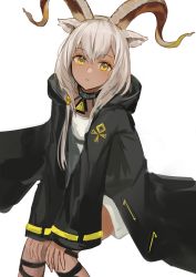 Rule 34 | 1girl, animal ears, arknights, azuazu 0405, beeswax (arknights), black collar, black jacket, collar, dark-skinned female, dark skin, dress, feet out of frame, goat ears, goat girl, goat horns, hands on own knees, highres, horns, infection monitor (arknights), invisible chair, jacket, long hair, looking at viewer, open clothes, open jacket, parted lips, simple background, sitting, solo, white background, white dress, white hair, yellow eyes