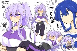 Rule 34 | alternate costume, blue eyes, blue hair, blush, breasts, exercising, exhausted, fire emblem, fire emblem: genealogy of the holy war, julia (fire emblem), large breasts, long hair, medium breasts, nintendo, ponytail, purple eyes, purple hair, seliph (fire emblem), sit-up, workout clothes, yukia (firstaid0)