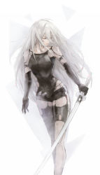 Rule 34 | 1girl, android, breasts, elbow gloves, closed eyes, gloves, highres, holding, holding sword, holding weapon, kachiino, katana, long hair, medium breasts, nier (series), nier:automata, pale skin, shorts, silver hair, simple background, solo, standing, sword, torn clothes, weapon, a2 (nier:automata)