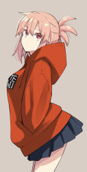 Rule 34 | 1girl, akino sora, black skirt, breasts, closed mouth, clothes writing, drawstring, folded ponytail, from side, grey background, hair between eyes, hand in pocket, highres, hood, hood down, hoodie, looking at viewer, looking to the side, orange hoodie, pink hair, pleated skirt, red eyes, sakurai-san wa kizuite hoshii, sakurai sakuya, simple background, skirt, small breasts, solo