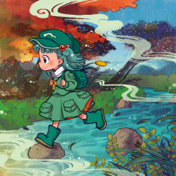 Rule 34 | 1girl, autumn leaves, backpack, bag, blue hair, blush, boots, cattail, commentary request, day, flat cap, frilled shirt collar, frills, from side, full body, grass, green footwear, green hat, green jacket, green skirt, hair bobbles, hair ornament, hat, holding, holding bag, jacket, kawashiro nitori, key, leaf, long sleeves, mountainous horizon, nature, plant, pocket, river, rubber boots, running, scenery, short hair, skirt, smile, solo, stone, touhou, tree, two side up, wataori (ippuku shimasho)