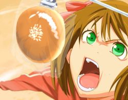 Rule 34 | 00s, 1girl, amami haruka, bad id, bad pixiv id, bread, brown hair, food, green eyes, hair ribbon, idolmaster, idolmaster (classic), open mouth, ribbon, running track, short hair, solo, thesale, track and field, track suit
