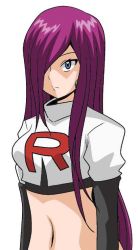 Rule 34 | 1girl, alternate hairstyle, creatures (company), crop top, earrings, elbow gloves, expressionless, game freak, gloves, hair down, hair over one eye, jessie (pokemon), jewelry, koutarosu, long hair, midriff, navel, nintendo, pokemon, pokemon (anime), pokemon dp117, pokemon dppt (anime), purple hair, solo, team rocket, white background