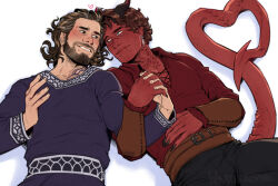 Rule 34 | 1boy, 1other, androgynous, baldur&#039;s gate, baldur&#039;s gate 3, blush, body freckles, brown hair, chest hair, colored skin, commission, couple, cowboy shot, demon tail, dungeons &amp; dragons, eye contact, face-to-face, facial hair, freckles, gale (baldur&#039;s gate), heart, heart tail, highres, holding hands, interspecies, lips, looking at another, mature male, medium hair, mustache stubble, red skin, smile, stubble, tail, tav (baldur&#039;s gate), thick eyebrows, tiefling, upper body, weatherbane