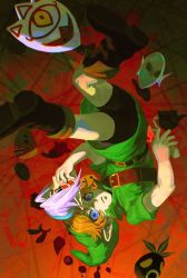Rule 34 | 1boy, belt, black shorts, blonde hair, blue eyes, boots, brown footwear, dele14375735, fierce deity, full body, green headwear, green tunic, hat, holding, holding mask, link, looking at viewer, male focus, mask, nintendo, parted bangs, pointy ears, red background, short hair, short sleeves, shorts, shoulder belt, the legend of zelda, the legend of zelda: majora&#039;s mask, upside-down, wide-eyed, young link