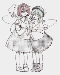 Rule 34 | 2girls, boots, buttons, chinese commentary, collared shirt, colored eyelashes, commentary request, frilled skirt, frills, full body, green eyes, green hair, hair between eyes, hat, hat ribbon, heart button, highres, komeiji koishi, komeiji satori, lace, lace-trimmed shirt, lace trim, long sleeves, malvo, multiple girls, partially colored, pink eyes, pink hair, ribbon, screentones, shirt, siblings, sisters, skirt, slippers, socks, touhou