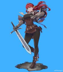 Rule 34 | 1girl, absurdres, armor, belt, blue background, boots, breasts, capelet, full body, gauntlets, hair ribbon, highres, holding, holding sword, holding weapon, jun (navigavi), leather armor, long hair, original, pantyhose, red hair, ribbon, sheath, signature, simple background, sky, solo, sword, twintails, weapon, weibo logo, weibo watermark