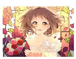Rule 34 | 1girl, 1other, absurdres, bare shoulders, blush, border, bouquet, brown hair, collarbone, crying, crying with eyes open, dot nose, dress, dress flower, eshi 100 nin ten, floating hair, floral background, flower, flower ornament, frilled dress, frills, happy, happy tears, highres, holding hands, looking at viewer, medium hair, namori, open mouth, original, pink flower, pink rose, portrait, red flower, red rose, rose, spaghetti strap, stained glass, tearing up, tears, white border, white dress, white flower, white rose, yellow eyes