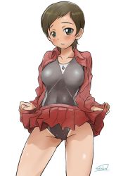 Rule 34 | 10s, 1girl, bad id, bad pixiv id, blush, brown eyes, brown hair, clothes lift, competition swimsuit, girls und panzer, jacket, one-piece swimsuit, ritaiko (girls und panzer), short hair, signature, simple background, skirt, skirt lift, solo, solokov (okb-999), standing, swimsuit, swimsuit under clothes, tan