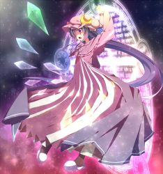 Rule 34 | 1girl, blush, bow, crescent, crystal, dress, female focus, hat, hat bow, highres, long hair, magic circle, open mouth, patchouli knowledge, philosopher&#039;s stone, purple eyes, purple hair, ribbon, solo, touhou, usamata