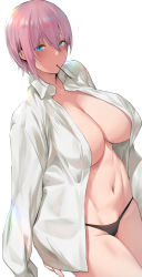 Rule 34 | 1girl, black panties, blue eyes, blush, breasts, closed mouth, collarbone, collared shirt, dress shirt, food, go-toubun no hanayome, hair between eyes, highres, kurowa, large breasts, long sleeves, looking at viewer, mouth hold, nakano ichika, navel, open clothes, open shirt, panties, pink hair, pocky, shirt, short hair, simple background, solo, thighs, underwear, white background, white shirt