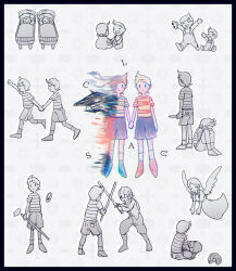 Rule 34 | 1girl, 2boys, angel wings, baby, blonde hair, brothers, child, claus (mother 3), death, dress, fighting, helmet, hinawa, holding, holding hands, holding knife, holding weapon, knife, masked man (mother 3), memi (gamemix), mother (game), mother 3, mother and son, multiple boys, nintendo, orange hair, shirt, shoes, shorts, siblings, smile, spoilers, striped clothes, striped shirt, toddler, toy, twins, weapon, wings