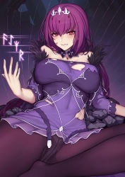 Rule 34 | 1girl, blush, breasts, caster (lostbelt), circlet, clenched teeth, covered navel, crotch seam, dress, evan yang, fate/grand order, fate (series), hair between eyes, hand up, highres, large breasts, long hair, looking at viewer, pantyhose, purple dress, purple hair, purple pantyhose, red eyes, scathach (fate), scathach skadi (fate), short dress, sitting, solo, teeth, thighband pantyhose, thighs