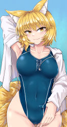 Rule 34 | 1girl, :3, absurdres, alternate costume, animal ear fluff, animal ears, armpits, blonde hair, blue background, blue one-piece swimsuit, commentary request, competition swimsuit, covered navel, cowboy shot, fox ears, fox tail, gluteal fold, highres, jacket, looking at viewer, one-piece swimsuit, open clothes, open jacket, smile, solo, swimsuit, swimsuit under clothes, tail, toluda, touhou, white jacket, yakumo ran, yellow eyes