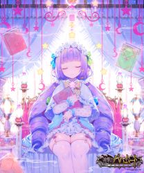 Rule 34 | 10s, 1girl, blue dress, blunt bangs, book, bow, bowtie, capelet, carrying, closed eyes, couch, crescent, curtains, donacoo, dress, drill hair, flower, flower on head, frilled dress, frills, garter straps, hair flower, hair ornament, holding, holding book, indoors, lamp, long hair, looking at viewer, low twintails, official art, original, polka dot, purple hair, rose, scrunchie, shingeki no bahamut, sitting, smile, solo, star (symbol), thighhighs, twin drills, twintails, white thighhighs, wrist cuffs, yuuhi homare