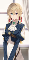 1girl ascot blonde_hair blue_eyes blue_jacket bolo_tie braid brooch closed_mouth commentary_request curtains daily_(daily178900) dress expressionless gem glint green_gemstone hair_between_eyes hair_intakes hair_ribbon highres indoors jacket jewelry juliet_sleeves long_sleeves looking_at_viewer puffy_sleeves red_ribbon ribbon single_braid solo upper_body v_arms violet_evergarden violet_evergarden_(series) white_ascot white_dress window