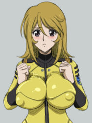 Rule 34 | 1girl, blonde hair, blush, bodysuit, breast suppress, breasts, breasts squeezed together, closed mouth, covered erect nipples, female focus, grey background, highres, large breasts, lento (glamour works), long hair, looking at viewer, mori yuki, purple eyes, simple background, solo, uchuu senkan yamato, uniform, yellow bodysuit
