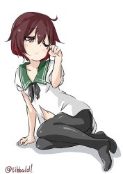 Rule 34 | 10s, 1girl, ahoge, arm support, arm up, bad id, bad twitter id, black pantyhose, blush, closed mouth, collarbone, ebifurya, eyebrows, full body, gradient hair, hair between eyes, highres, inactive account, kantai collection, multicolored hair, mutsuki (kancolle), navel, no pants, no shoes, one eye closed, panties, panties under pantyhose, pantyhose, red eyes, red hair, school uniform, serafuku, shadow, short sleeves, simple background, sitting, solo, tears, twitter username, two-tone hair, underwear, white background