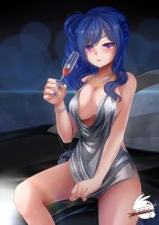 Rule 34 | 1girl, alcohol, arm between legs, azur lane, backless dress, backless outfit, bag, bare shoulders, blue hair, blue nails, bracelet, breasts, car, champagne flute, cleavage, clothes pull, cup, dress, dress pull, drinking glass, earrings, evening gown, grey dress, hair ornament, hairclip, halter dress, halterneck, handbag, holding, holding cup, jewelry, johnsonist, large breasts, motor vehicle, nail polish, necklace, night, night sky, parted lips, pink lips, plunging neckline, purple eyes, revealing clothes, side ponytail, sidelocks, silver dress, sitting, sky, st. louis (azur lane), st. louis (luxurious wheels) (azur lane), thighs