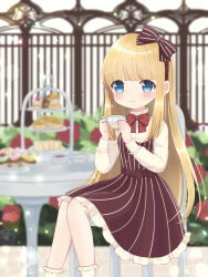 Rule 34 | 1girl, absurdres, blonde hair, blue eyes, blurry, blurry background, blush, bow, bow hairband, bush, cake, chair, cup, dessert, dress, fence, flower, food, frilled dress, frills, hairband, high collar, highres, holding, holding cup, long hair, long sleeves, looking at viewer, nekomura yuyuko, original, pastry, rose, rose bush, sash, sitting, smile, socks, solo, sparkle, striped bow, striped clothes, striped dress, sweets, table, teacup, tiered tray, vertical-striped clothes, vertical-striped dress, very long hair