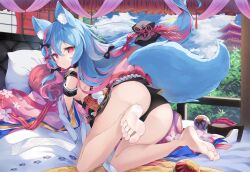 Rule 34 | 1girl, alternate costume, animal ear fluff, animal ears, architecture, back bow, barefoot, bed, black bow, black panties, blue eyes, blue hair, blue sky, blush, bow, breasts, bright pupils, building, cherry blossom print, cloud, commentary, curtains, day, detached sleeves, east asian architecture, feet, floating hair, floral print, foreshortening, from side, full body, gradient clothes, hair bow, high heels, highres, hyouta (yoneya), indoors, japanese clothes, kemonomimi mode, kimono, legs, long hair, long sleeves, looking at viewer, looking back, multicolored hair, no bra, no shoes, okobo, on bed, original, panties, paw print, pillow, pink bow, pink hair, pink kimono, pink ribbon, qiya (kia 098), red bow, red eyes, ribbon, sandals, second-party source, short kimono, sideboob, sky, sleeves past fingers, sleeves past wrists, small breasts, soles, solo, streaked hair, tail, tassel, toes, two-tone hair, underwear, unworn sandals, very long hair, water balloon, water yoyo, white ribbon