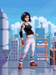 Rule 34 | 1girl, arm tattoo, black hair, black tank top, blue sky, breasts, building, city, cityscape, closed mouth, cloud, day, eye tattoo, faith connors, fingerless gloves, full body, glass, glass floor, gloves, looking to the side, midriff, mirror&#039;s edge, mirror&#039;s edge (series), navel, on floor, outdoors, pants, pixel art, pixel art journey, railing, red footwear, red gloves, reflection, shoes, short hair, simple bird, sky, solo, standing, striped tank top, tank top, tattoo, white pants