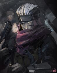Rule 34 | 1boy, arc the lad, arc the lad ii, facepaint, forehead protector, gloves, gun, handgun, holding, holding gun, holding weapon, knife, looking at viewer, magmastudio, male focus, ninja, red scarf, scarf, shu (arc the lad), solo, weapon