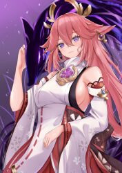 Rule 34 | 1girl, absurdres, animal ears, bare shoulders, breasts, commentary request, detached sleeves, floral print, fox ears, genshin impact, hair between eyes, hand up, highres, kuwakuma, long hair, long sleeves, looking at viewer, medium breasts, nontraditional miko, pink hair, purple eyes, red skirt, shirt, skirt, sleeveless, sleeveless shirt, solo, upper body, very long hair, white shirt, yae miko