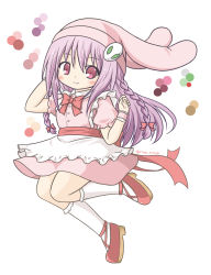 Rule 34 | 1girl, animal hat, apron, arm up, blush, bow, braid, closed mouth, dress, female focus, frilled apron, frills, hair between eyes, hair bow, hand up, hat, kneehighs, long hair, looking at viewer, original, pink dress, pink eyes, pink hat, puffy short sleeves, puffy sleeves, purple hair, rabbit hat, red bow, red footwear, red ribbon, ri-net, ribbon, short sleeves, smile, snow rabbit, socks, solo, twin braids, twitter username, very long hair, white apron, white background, white socks, wrist cuffs