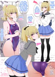 Rule 34 | 1boy, adjusting clothes, adjusting swimsuit, ass, black thighhighs, blonde hair, blush, bulge, competition swimsuit, covered erect nipples, crossdressing, english text, full body, highres, nagano rira, non-web source, one-piece swimsuit, pleated skirt, ponytail, red eyes, school swimsuit, school uniform, skirt, swimsuit, thighhighs, translated, trap, zettai ryouiki