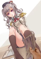 Rule 34 | 10s, 1girl, absurdres, arms at sides, black socks, breasts, clothes between thighs, epaulettes, gloves, hat, highres, holding, holding money, kantai collection, kashima (kancolle), kneehighs, large breasts, long hair, looking at viewer, medium breasts, meme, military, military uniform, miniskirt, mizuiro raika, money, prostitution, purple eyes, silver hair, sitting, skirt, socks, solo, sweat, tucked money, twintails, uniform, wavy hair, white gloves, wing collar, yen