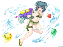 Rule 34 | &gt;:d, 1girl, :d, animal ears, bare shoulders, bead necklace, beads, bikini, bikini skirt, blue hair, bow, camouflage, camouflage bikini, collarbone, company name, dog ears, dog girl, dog tail, feet, finger on trigger, flat chest, flip-flops, full body, green bikini, green bow, holding, holster, jewelry, leg up, looking away, mint (monmusume-harem), monmusu harem, monmusume-harem, motion blur, namaru (summer dandy), navel, necklace, official art, open mouth, orange eyes, pale skin, playing, sandals, short hair, simple background, smile, solo, sparkle, strapless, strapless bikini, swimsuit, tail, thigh holster, toes, v-shaped eyebrows, water, water balloon, water gun, wet, white background, wristband